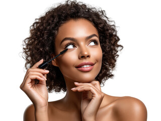 Applying Mascara: A young woman with beautiful curly hair applies mascara, her expression radiating confidence and self-care.