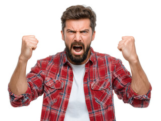 Naklejka premium Expressing Unadulterated Fury: A man's raw, unfiltered anger is vividly portrayed, his face contorted in a grimace and fists clenched tightly, capturing the essence of intense frustration.