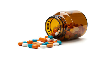 Amber pill bottle pouring tablets isolated on transparent background