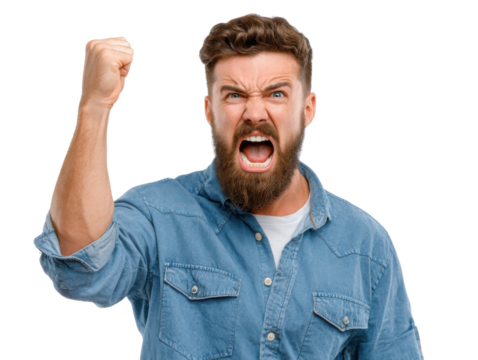 Angry Man: A portrait of a bearded man with intense anger, his fist raised in defiance. His expression captures raw emotion and frustration.