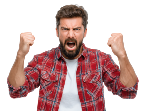 Expressing Unadulterated Fury: A man's raw, unfiltered anger is vividly portrayed, his face contorted in a grimace and fists clenched tightly, capturing the essence of intense frustration.