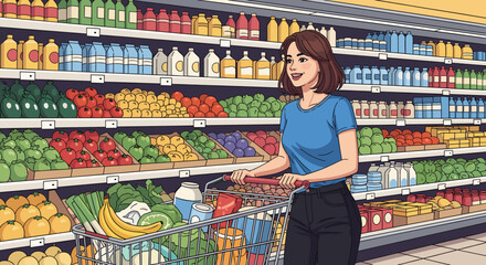 Woman pushing shopping cart filled with groceries in supermarket aisle with stocked shelves visible