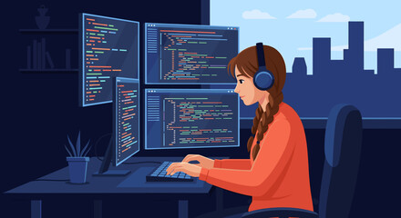 Fototapeta premium Woman coding with multiple monitors and headphones in a city view office environment at her desk