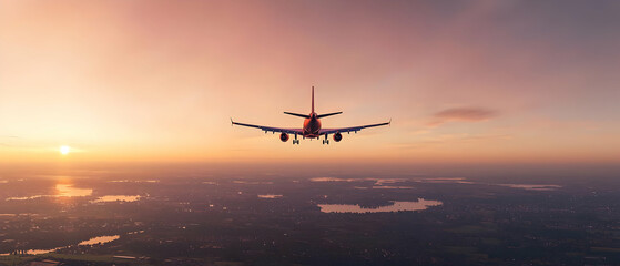 Naklejka premium Airplane Landing Over City Sunset