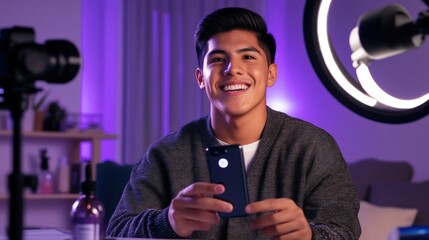 A young content creator smiles while looking at their smartphone during a live stream.