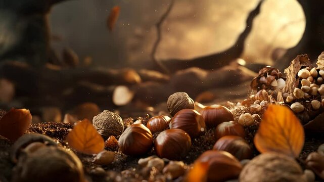 A large pile of nuts and leaves, with a tree in the background. The nuts are scattered throughout the pile, with some of them being larger and others smaller. The leaves are also spread out