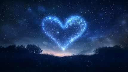 A night sky filled with stars forming the shape of a heart with a gentle glow illuminating the scene