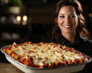 A woman proudly presents a baking dish of cheesy pasta bake.