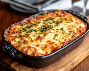 A savory baked pasta dish with melted cheese and herbs.