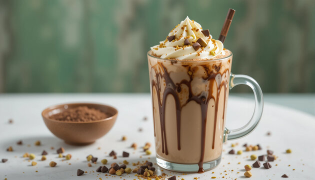 Dubai Chocolate Ice Cream iced coffee latte with pistachio ice cream, tahini, kataifi, whipped cream chocolate drops and dubai chocolate flavored syrup