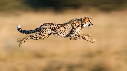 A cheetah in full flight across the golden savanna.