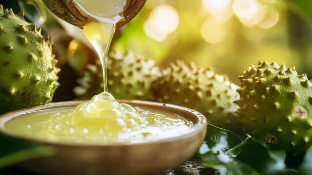 A bowl of yellow liquid is poured into a bowl of green fruit. The fruit is spiky and has a sour taste