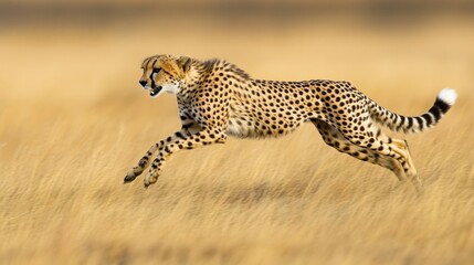 A cheetah in full stride across a golden savanna.