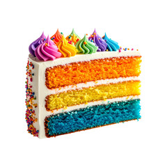 A colorful piece of cake with bright icing and frosting, floating in the middle, PNG