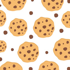 Seamless Pattern of Cute Flat Style Chocolate Chip Cookies, Perfect for Food Packaging, Napkins, Kids Wallpaper, Greeting Cards, and Sweet Themed Designs