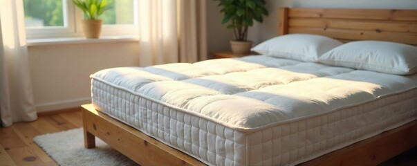 A plush, new mattress sits neatly made on a bedroom frame, sunlight streaming through the window, highlighting the soft texture and inviting comfort , home decor, rest