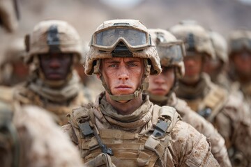 a US Marine in Full Combat Gear, Focused and Determined, with Fellow Marines in the Background. High-resolution image depicting the serious expression and detailed uniform of a s