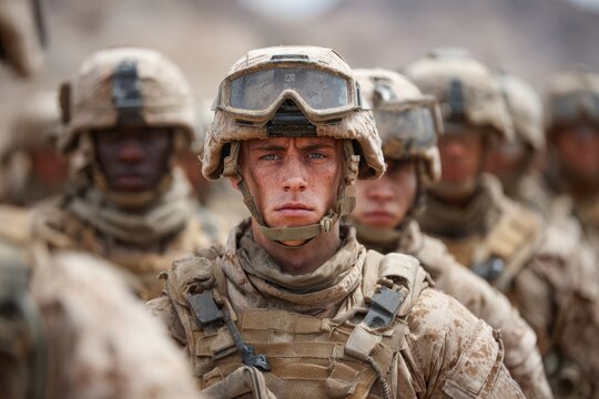 a US Marine in Full Combat Gear, Focused and Determined, with Fellow Marines in the Background.  High-resolution image depicting the serious expression and detailed uniform of a s