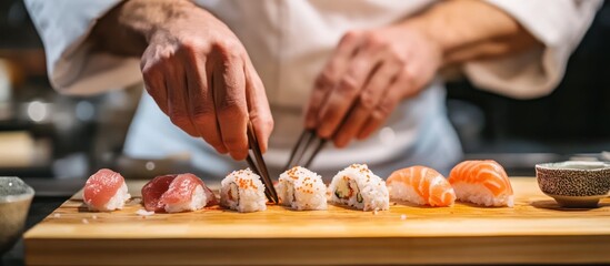 A sushi chef meticulously prepares a variety of fresh sushi pieces.