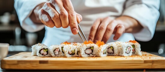A sushi chef meticulously decorates fresh sushi rolls with tobiko.