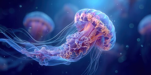 Obraz premium Ethereal Pink and Orange Jellyfish Underwater: High-Resolution Gigapixel Ocean Scene with Bioluminescent Glow, Perfect for Website Banners, Digital Art, and Aquatic-Themed Designs