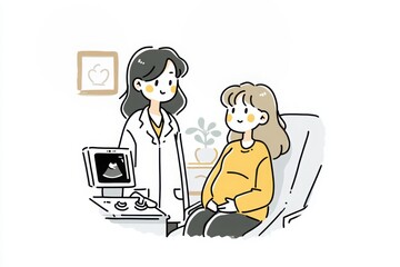 Digital Illustration: Pregnant Woman at Doctor's Appointment for Ultrasound Scan, Happy and Relaxed Atmosphere.  Medical checkup, prenatal care, healthcare, expecting mother, positive pregnancy experi