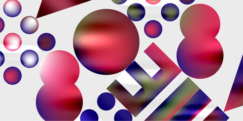 Abstract composition featuring vibrant circles, rectangles. Colors blend, creating dynamic visual experience. Dark background emphasizes shapes.