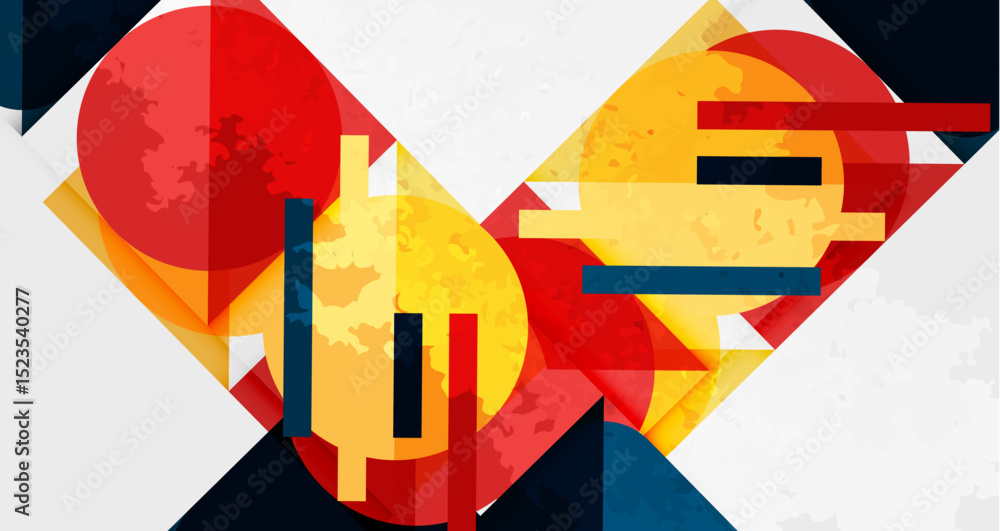 Poster Abstract geometric composition. Red, yellow shapes overlap, creating dynamic visual texture. White background provides contrast.