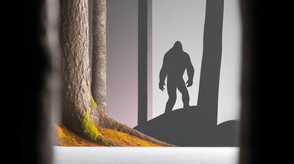 Silhouette of Bigfoot Figure in Misty Forest Viewed Through Trees