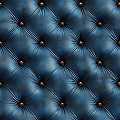 Fototapeta premium Seamless, luxurious blue leather capitone upholstery with deep button tufting and antique brass nails, creating a classic and elegant texture perfect for backgrounds, furniture, and design projects.