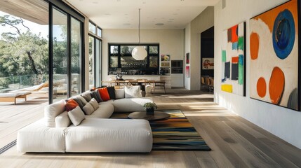 A modern open-plan living area with panoramic views.