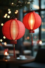 Fototapeta premium Festive Red Lanterns Hanging in Warm Interior