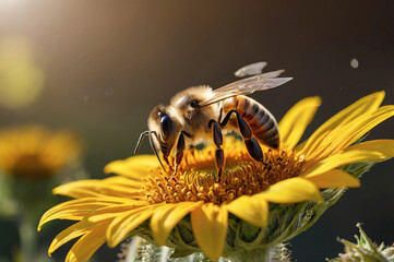 Honeybee on sunflower collecting pollen nectar