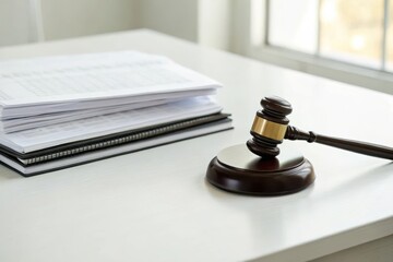 Wooden Gavel and Stack of Tax Documents on a White Desk for Compliance and Legal Concepts