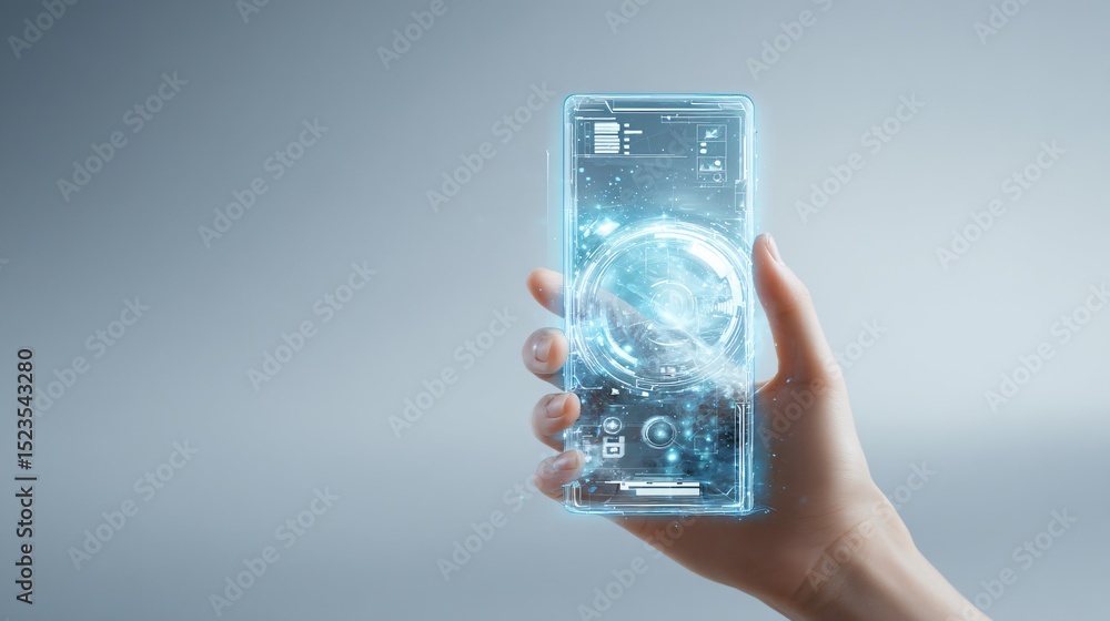 Poster a hand displays a transparent smartphone with futuristic interface hologram glow with innovation.