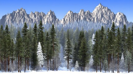 Winter forest with mountains in background