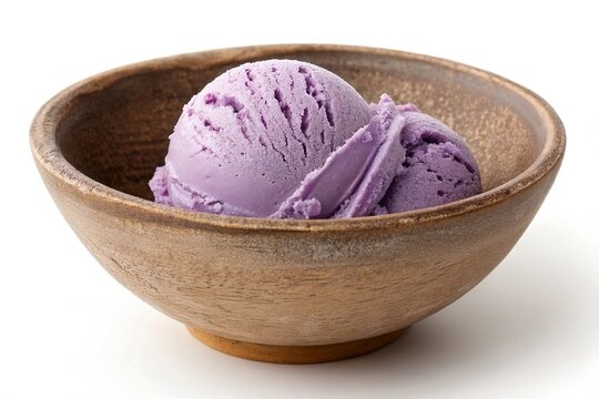 java plum ice cream in wooden bowl 