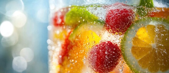 Sparkling fruit infused water drink with vibrant berries, citrus, and herbs.