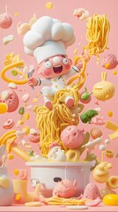 A joyful chef surrounded by food in a vibrant, cartoon-style scene.