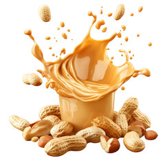 Peanut butter splash with peanuts around the jar isolated on transparent background