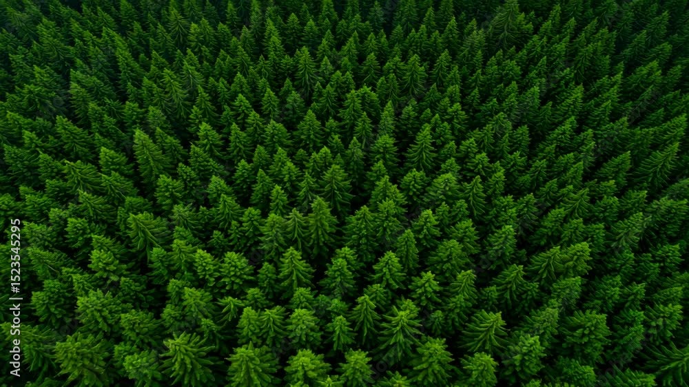 Poster aerial view of a dense green coniferous forest nature background and ecosystem pattern