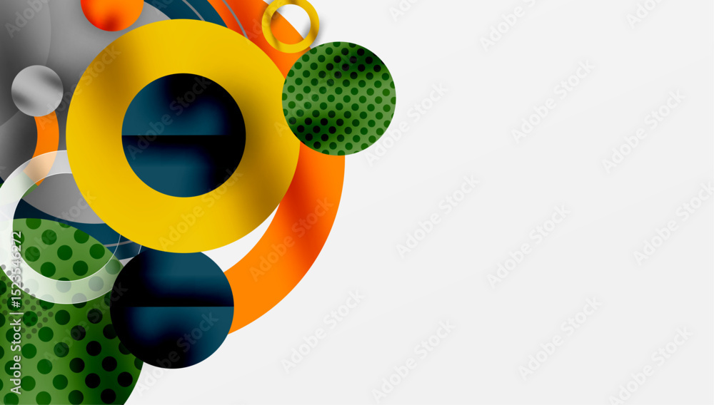 Poster abstract composition features vibrant circles, curves, shapes. modern design utilizes contrasting co