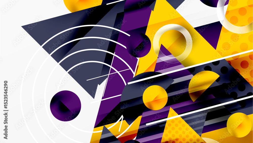 Poster abstract geometric composition. purple, yellow, white shapes overlap creating dynamic visual effect.