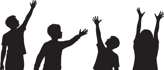 Four silhouetted figures reach upward, isolated on white background, their arms raised in a gesture of yearning or supplication vector file