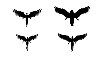Obraz premium Four majestic angel silhouettes, wings outstretched in graceful flight, isolated on white background