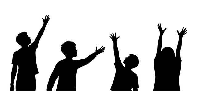Four silhouetted figures reach upward, isolated on white background, their hopeful gestures suggesting a shared aspiration or plea