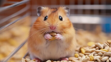 A golden hamster happily munches on seeds in its cage.