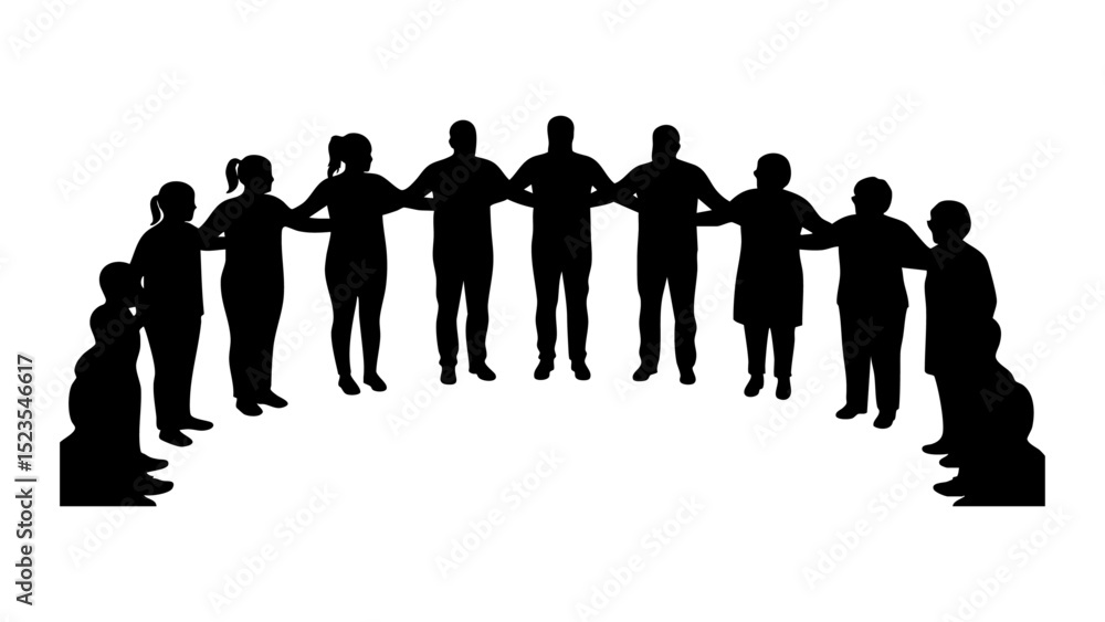 Poster a circle of silhouetted figures, hands linked in unity, isolated on transparent background vector fi