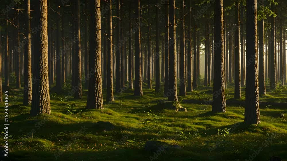 Poster dense forest with tall trees green grass and dappled sunlight filtering through canopy creating sere