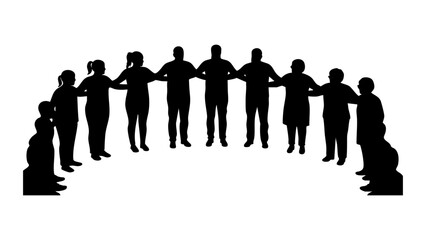 A circle of silhouetted figures, hands linked in unity, isolated on transparent background vector file